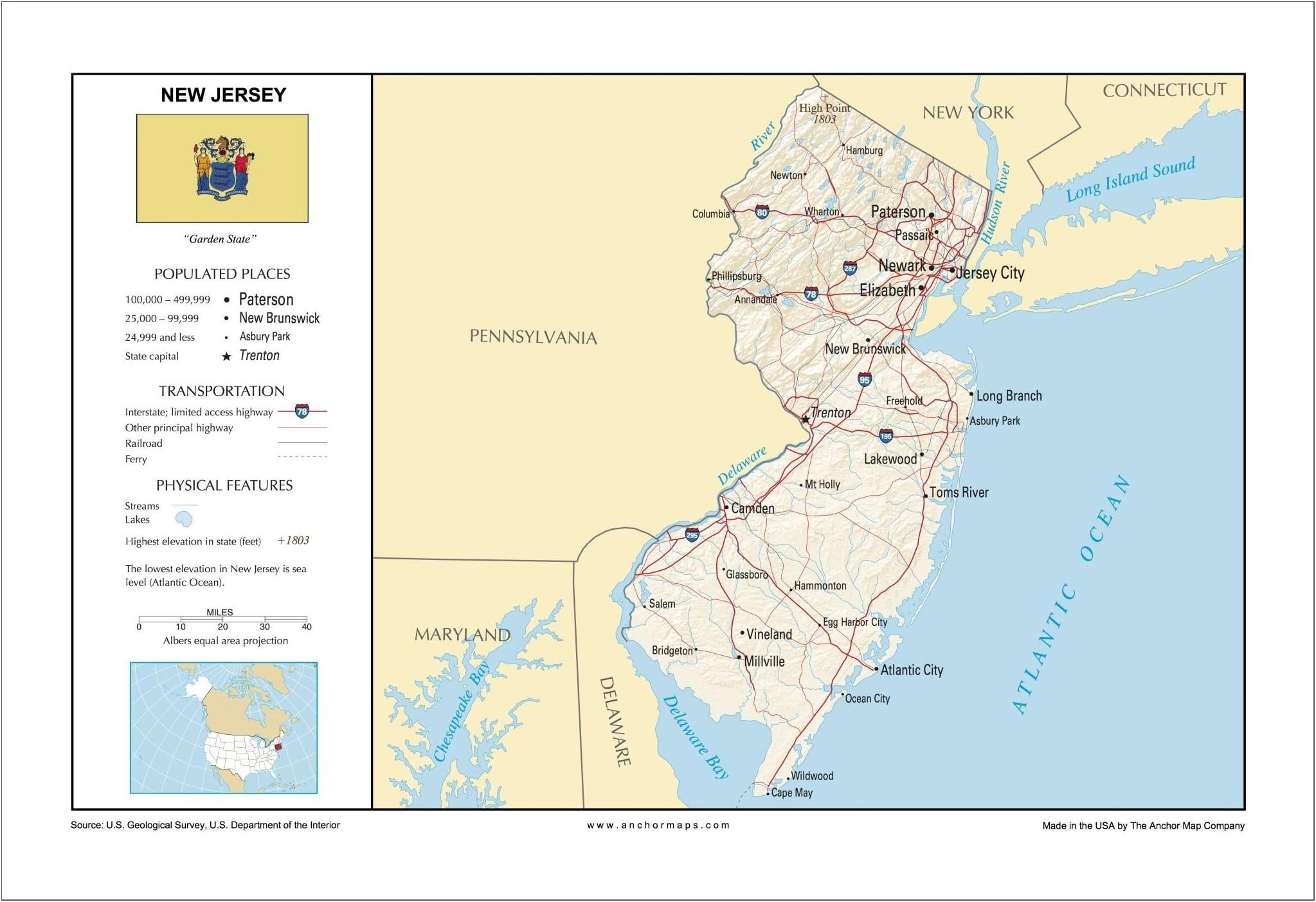 13x19 New Jersey General Reference Wall Map - Anchor Maps USA Foundational Series - Cities, Roads, Physical Features, and Topography [Rolled]