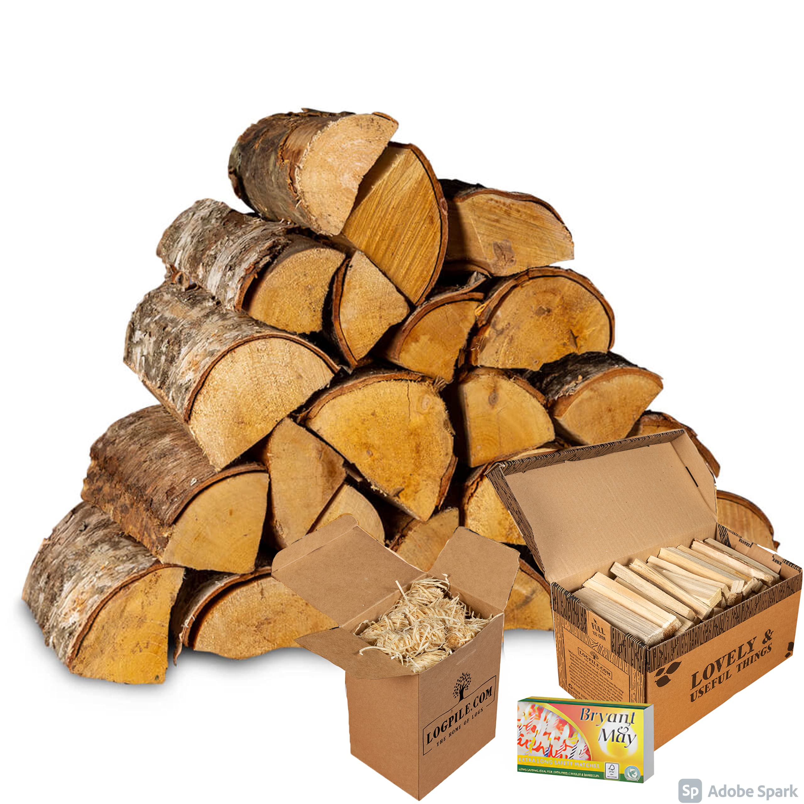 Birch 50kg Fire Starter Kit: Kiln Dried Logs, Kiln Dried Kindling, Natural Firelighters, Safety Matches, Get Your Fire Going, Sustainably Sourced Firewood, Logs for Wood Burner, Log Burner, Fire Pit