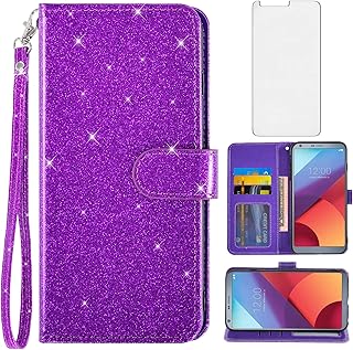 Asuwish Phone Case for LG G6 with Tempered Glass Screen Protector and Glitter Wallet Cover Card Holder Slot Stand Kickstand Cell Flip LGG6 ThinQ LG6 Thin Q G 6 Plus G6+ 6G VS988 H872 Women Men Purple