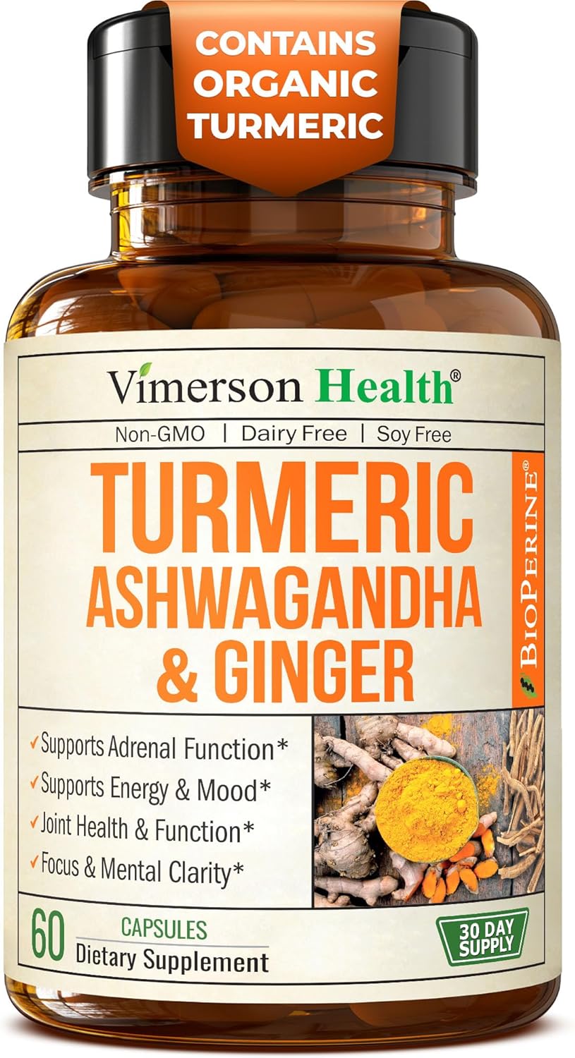 Ashwagandha Organic Turmeric Curcumin Supplement with Ginger Root & Black Pepper – Joint Health, Energy & Immune Support – Antioxidant Blend with 95% Curcuminoids – 60 Capsules