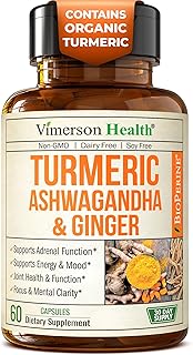 Ashwagandha Organic Turmeric Curcumin Supplement with Ginger Root & Black Pepper – Joint Health, Energy & Immune Support – Antioxidant Blend with 95% Curcuminoids – 60 Capsules