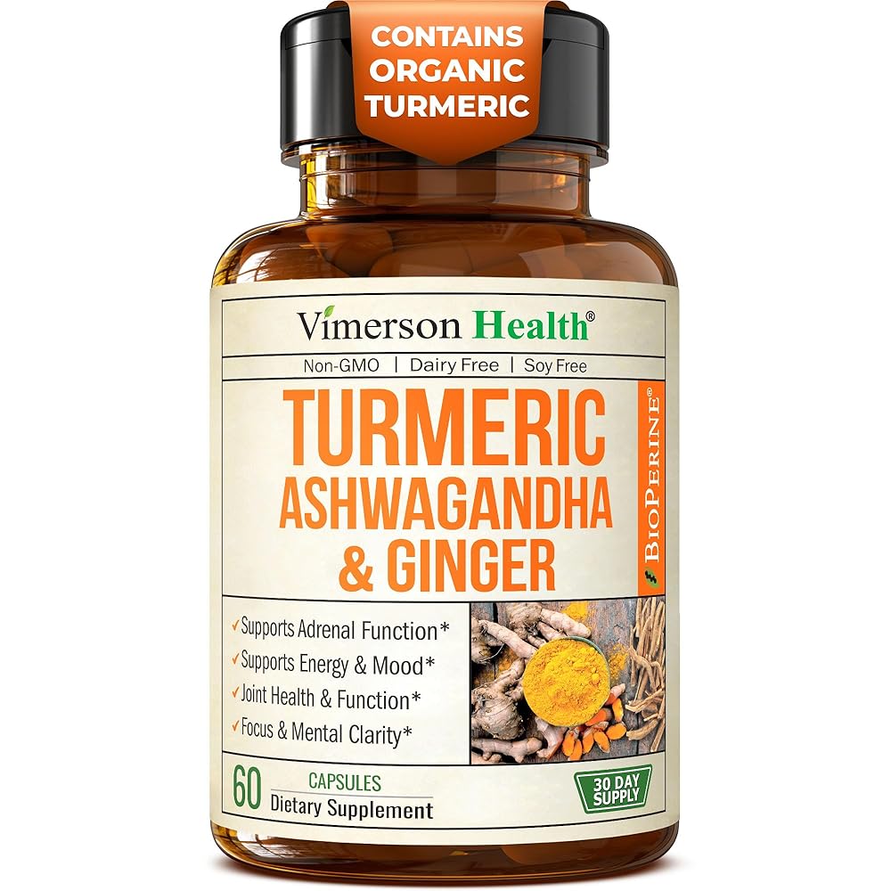 Ashwagandha Organic Turmeric Curcumin Supplement with Ginger Root & Black Pepper - Joint Health, Energy & Immune Support - Antioxidant Blend with 95% Curcuminoids - 60 Capsules