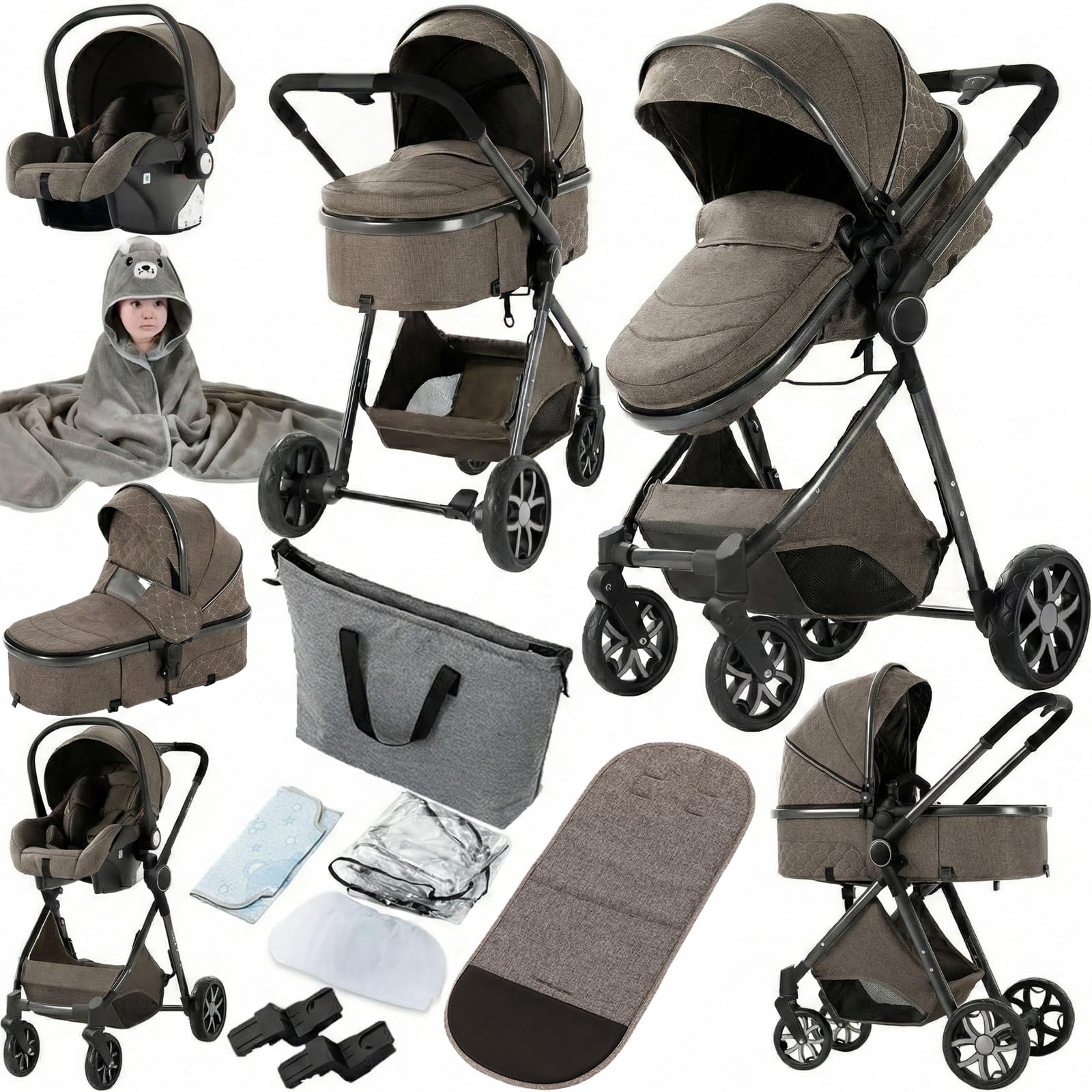 Kinderwagen 3 in 1, Buggy mit Umkehrbarem Zwei-Wege-Schub, Kinderwagen Rahmen Aluminiumlegierung, Kombikinderwagen 3 in 1 Einem Klick Faltbar Baby Kleinkind Neugeborene (225 Chocolate)