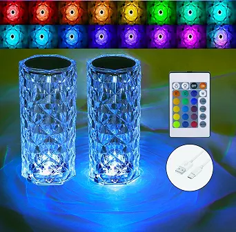Crystal Table Lamp, RGB Rose Diamond Touch Lamps (2-Pack) with Color Changing Night Light for Bedroom and Living Room