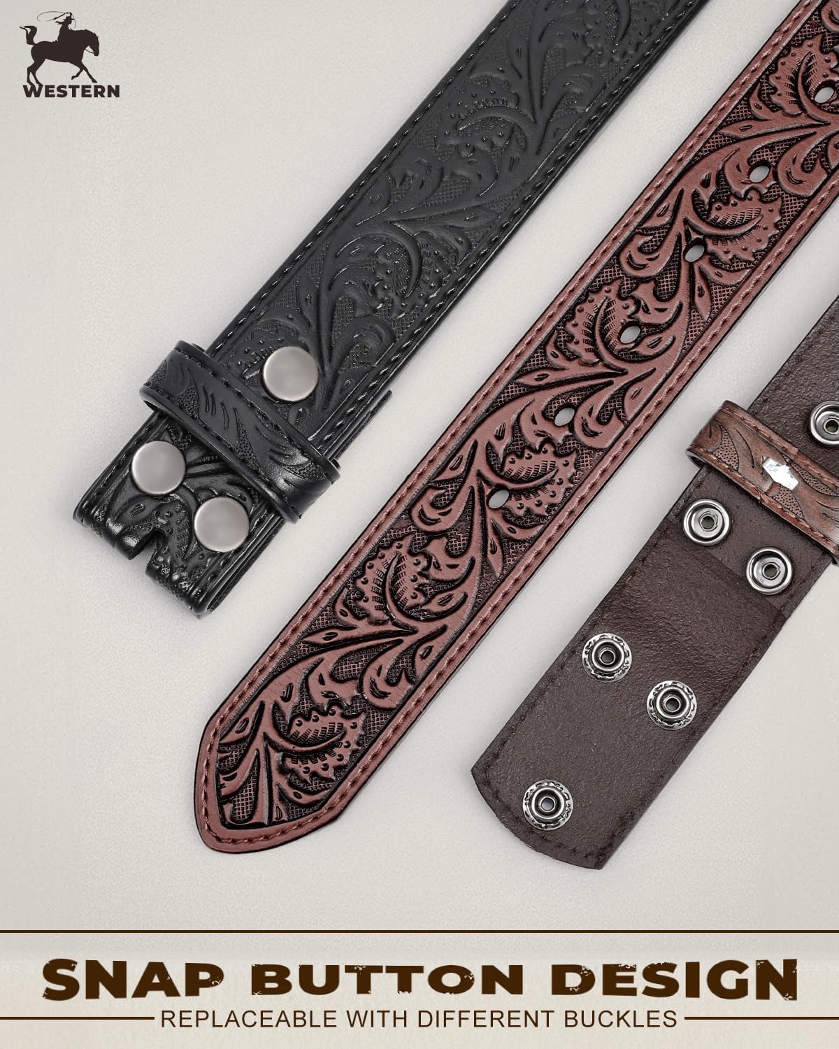 BELTROAD 2 Pack Western Leather Belt Strap for Men Women Cowboy Cowgirl Leather Mens Belts for Jeans Gift Belt without Buckle - Image 3