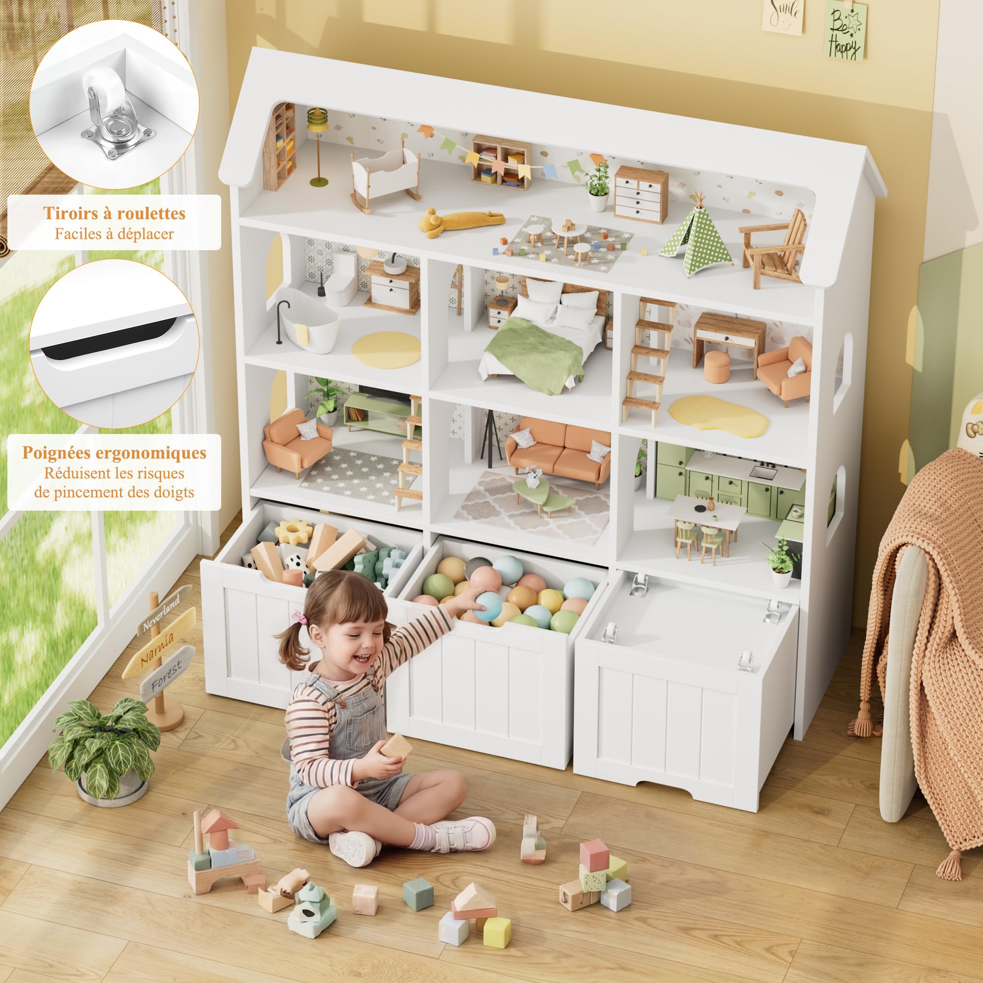 FOREHILL Meuble Rangement Enfant, Maison de Poupée, Bibliothèque Enfant avec 7 Étagères 3 Tiroirs Roulants, Rangement Jouet Chambre Enfant, 120x30x117.5cm, Blanc