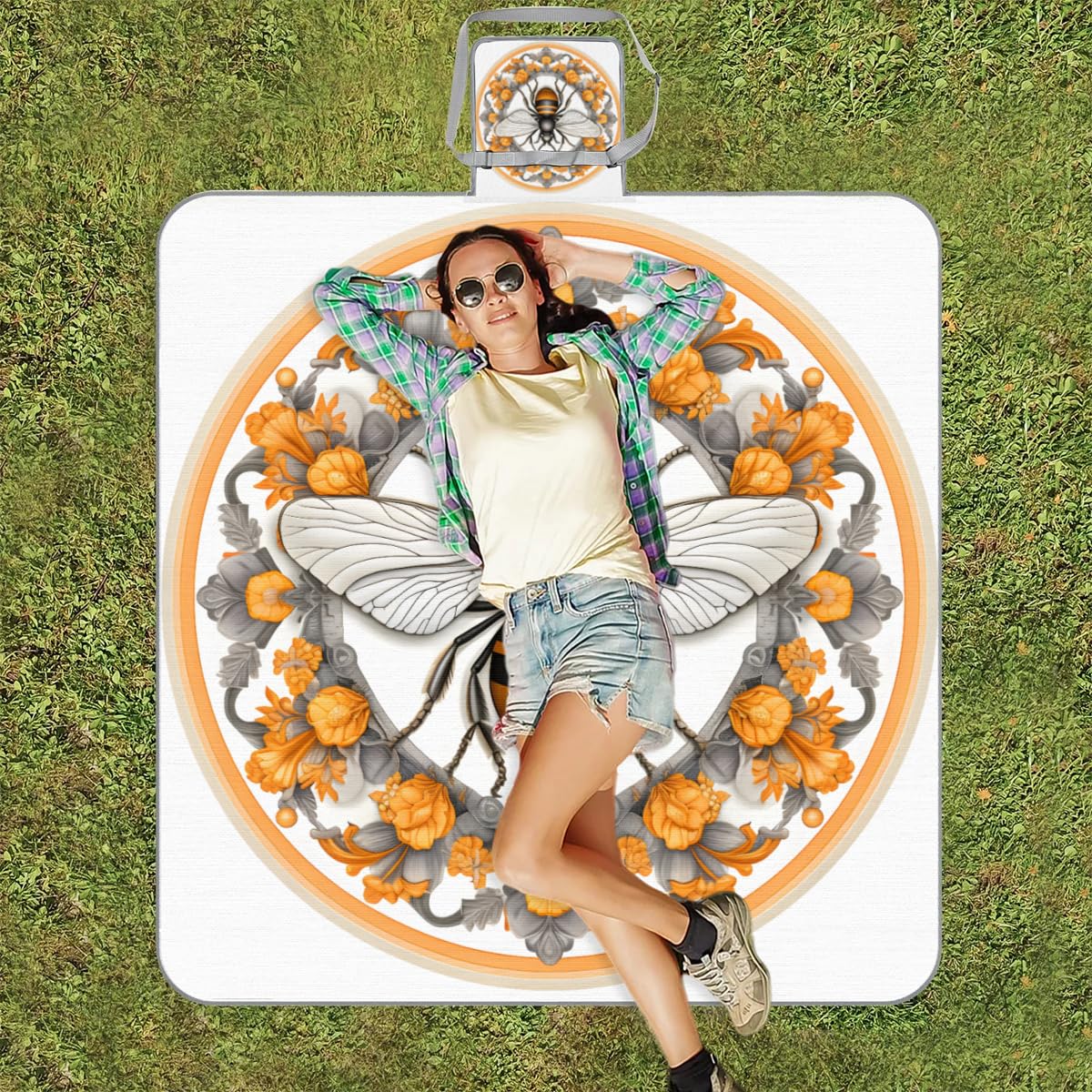 Mantas de picnic de 150 x 145 cm, manta de playa plegable con flores étnicas para exteriores, impermeable, para playa, camping, senderismo, picnic