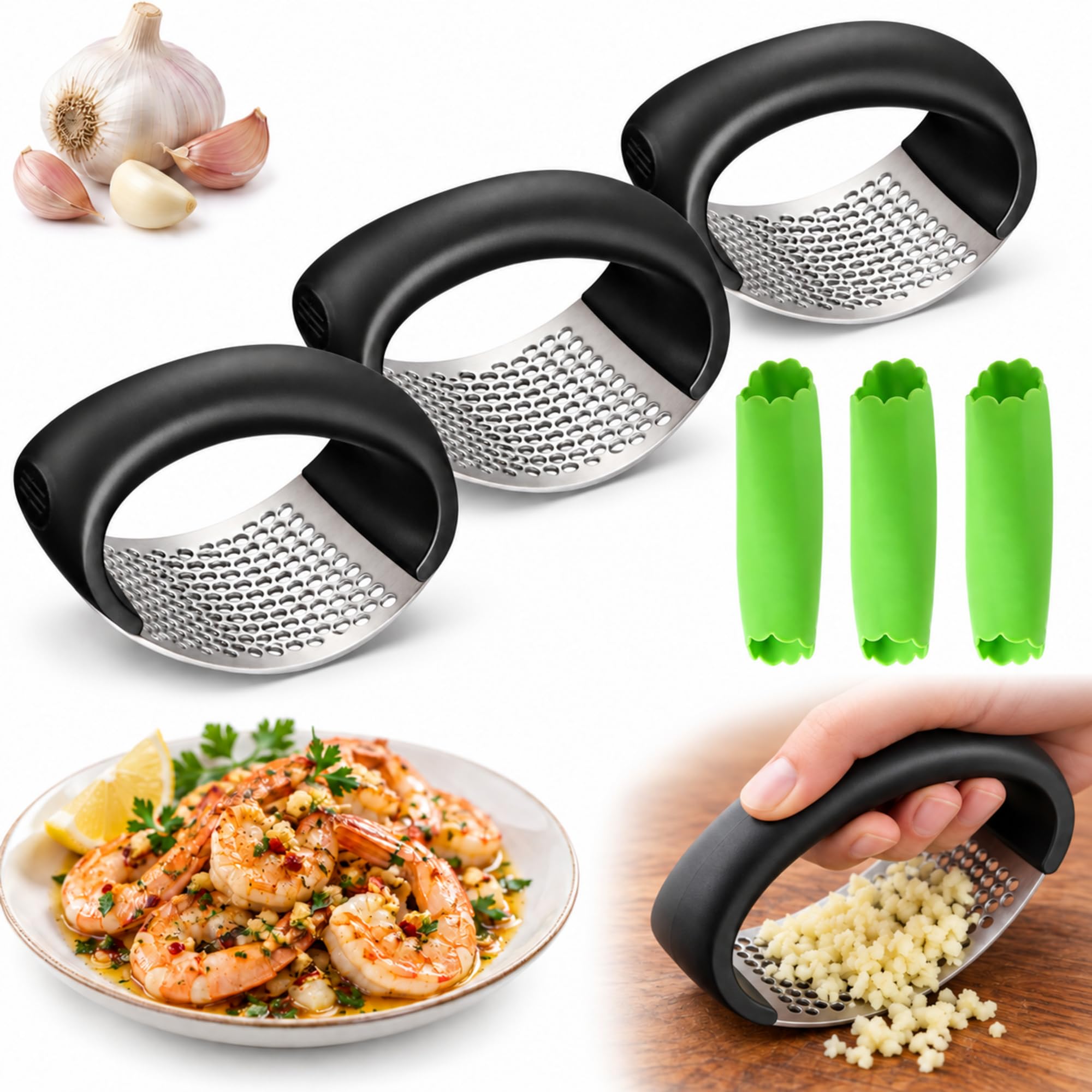 Garlic Press Rocker, 304 Stainless Steel Manual Garlic Crusher,3 | Curved kitchen mincer…