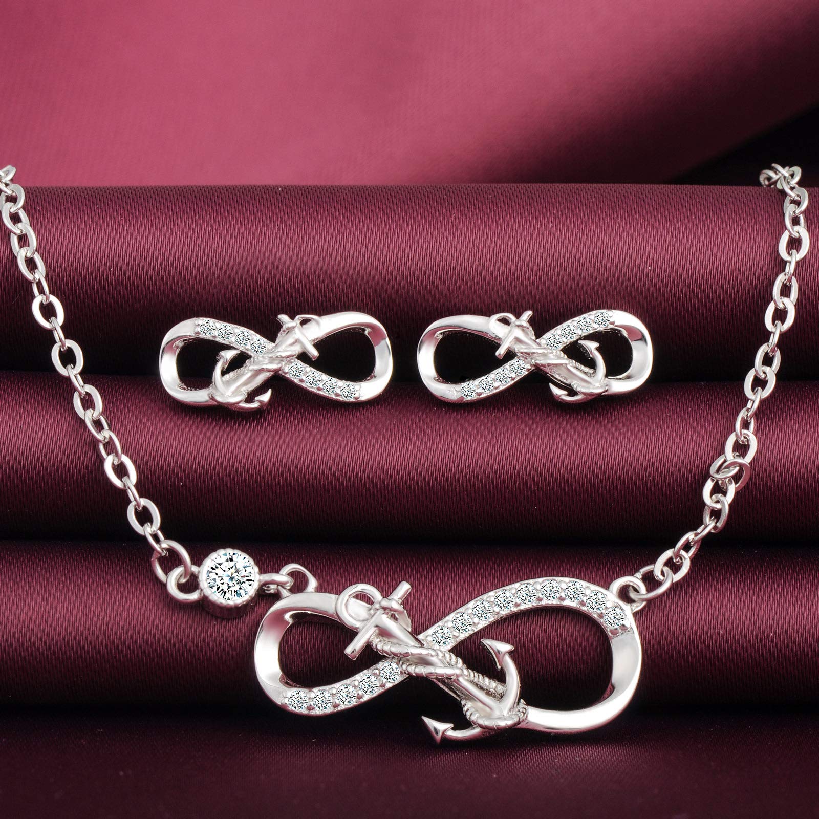 Yumilok - Conjunto de joyas para collar y pendientes, colgante y pendientes de ancla y símbolo de infinito de plata 925, joyas para mujer y niña, circonita incrustada