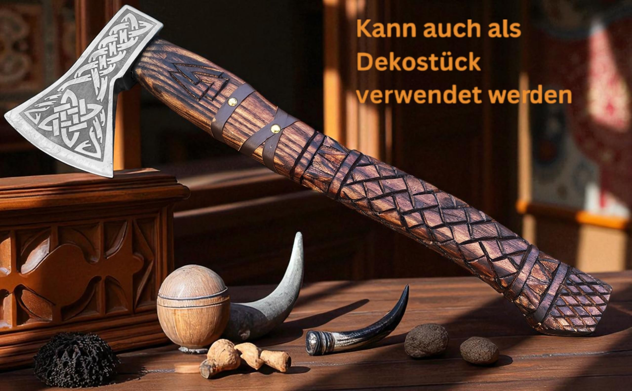 Novahaven Thorvald Hacha de lujo forjada a mano de madera de fresno inglesa, hoja de acero al carbono con grabado vikingo | camping, caza y ocio