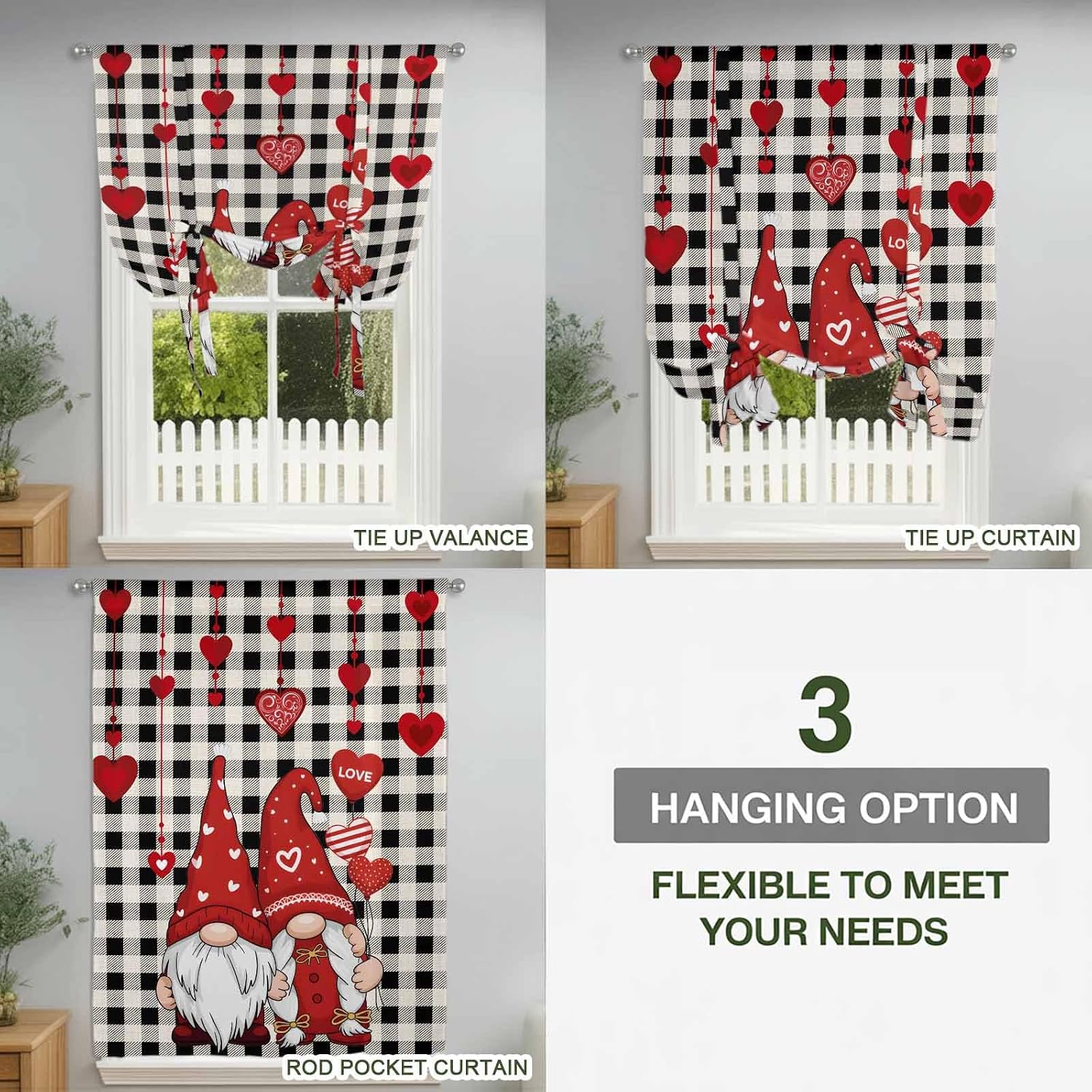 Valentine's Day Tie Up Curtains for Window, Red Gnomes Love Balloon Black White Plaid Thermal Balloon Shade Adjustable Rod Pocket Curtains Valance Panels for Kitchen Bathroom Café 46'' x 63''