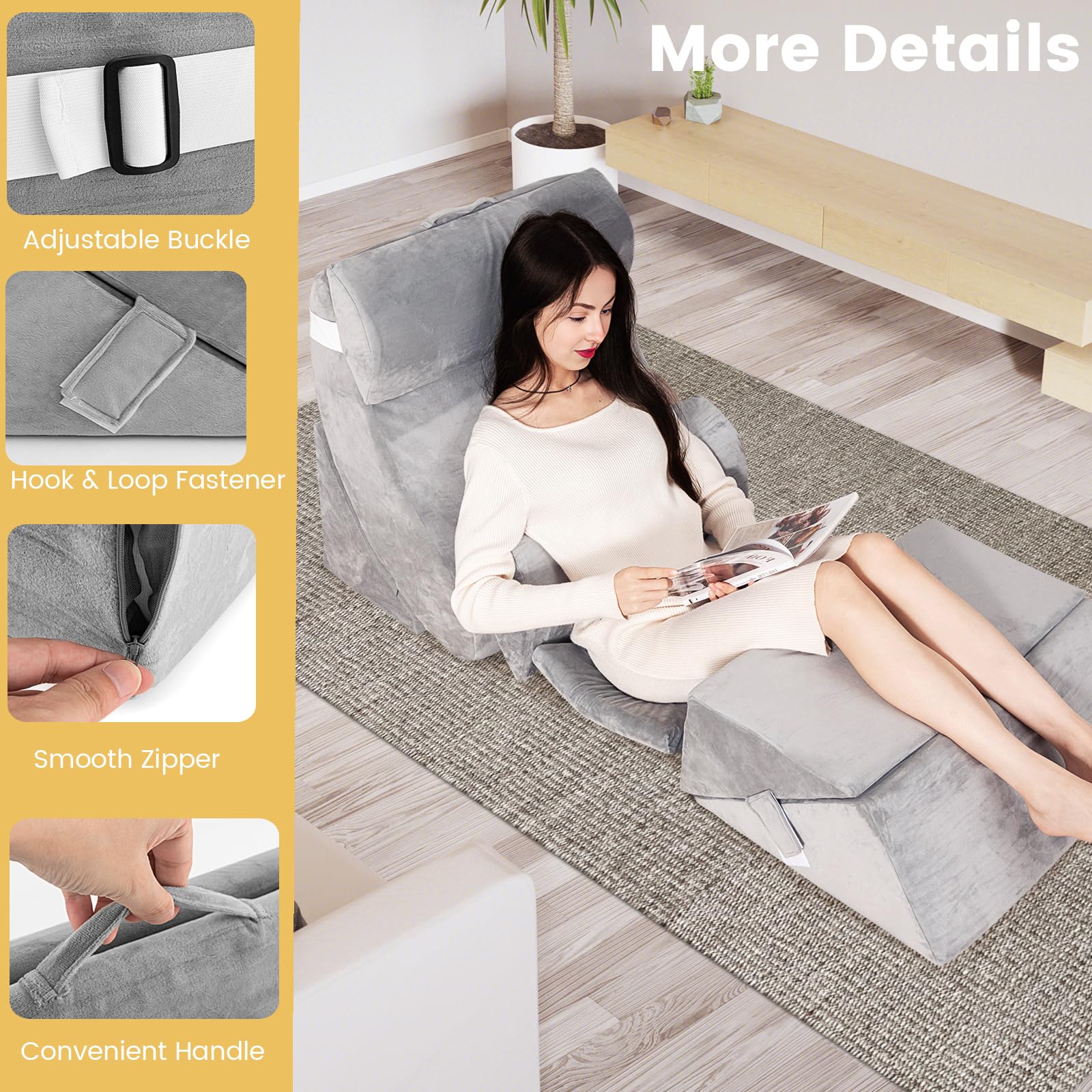 LIFEZEAL Set di 7 cuscini ortopedici per letto o divano, cuscino da lettura, fodera rimovibile e lavabile, cuscino per dormire con supporto per testa, collo, schiena e gambe, grigio (119 x 59 x 55 cm)