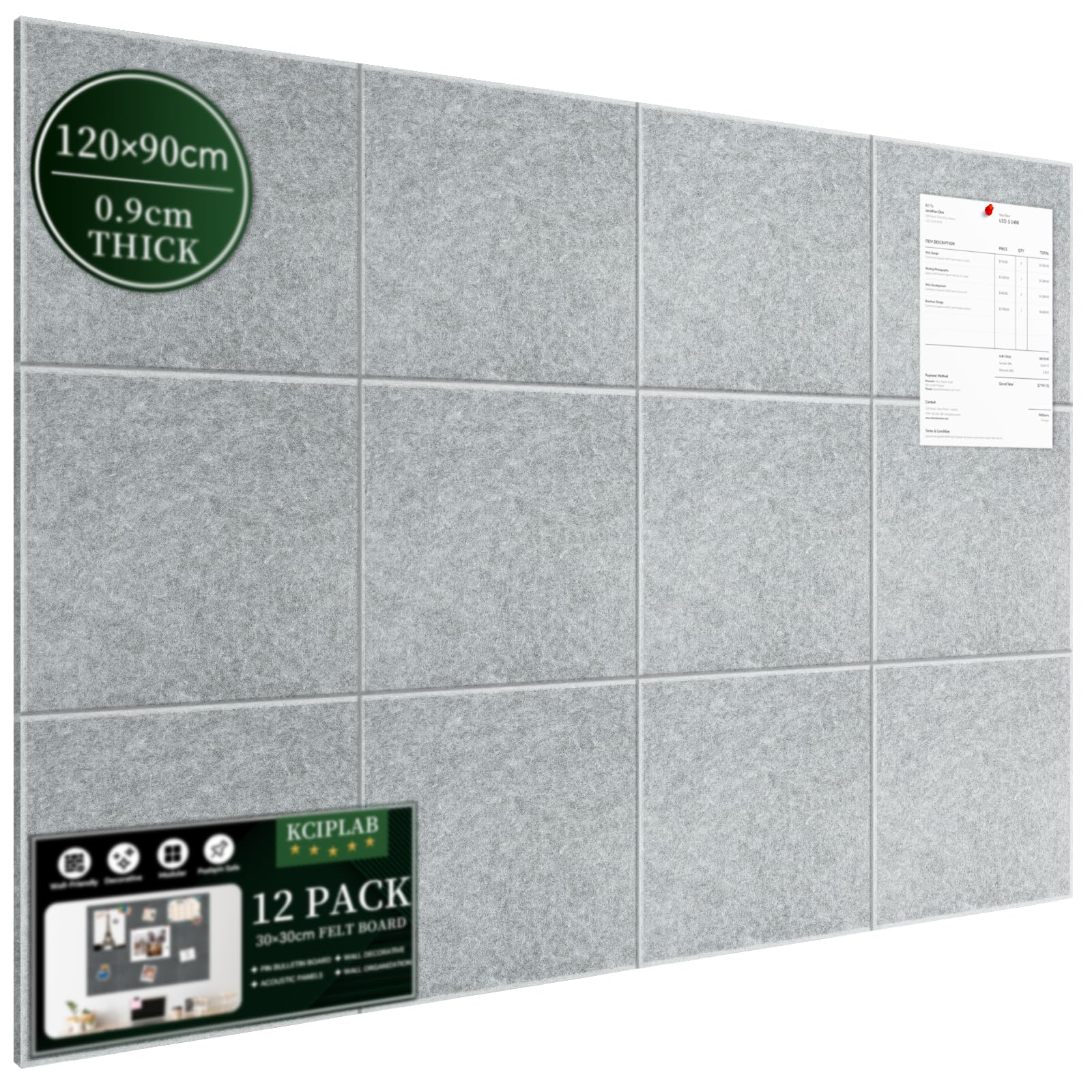 Großes Kork Board Alternative Pinnwand, 120 x 90 cm, 12 Stück, Filzkork-Tafel, Fliesen für die Wand mit 80 Pinnnadeln für Büro, Schule, Zuhause