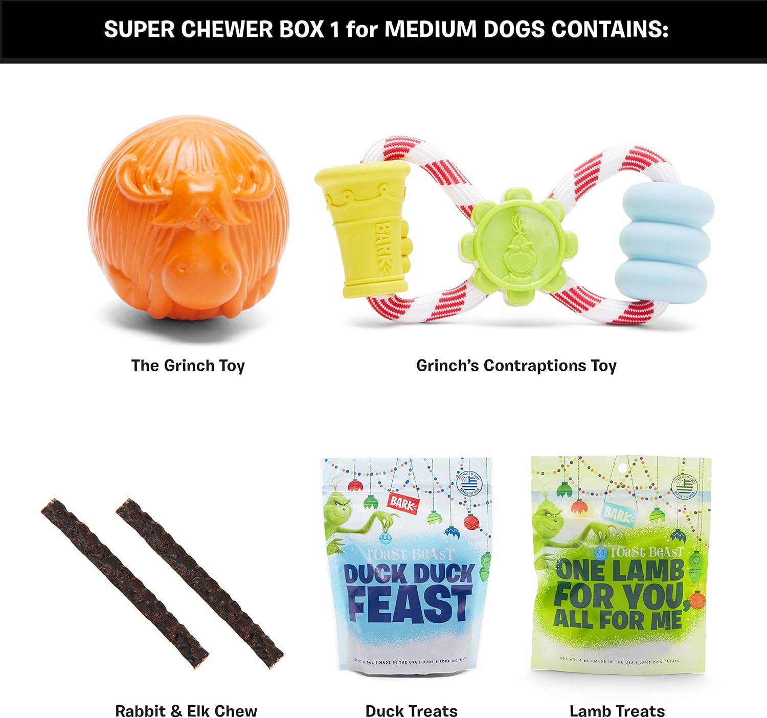 Barkbox Super Chewer Box-1 Medium Dog Grinch Holiday Limited Edition Gift Durable Rubber Chew Toys, All-Natural Lamb and Duck Treats/Pork, Elk Chew Made in The USA, Plus Bonus Dog Wearable