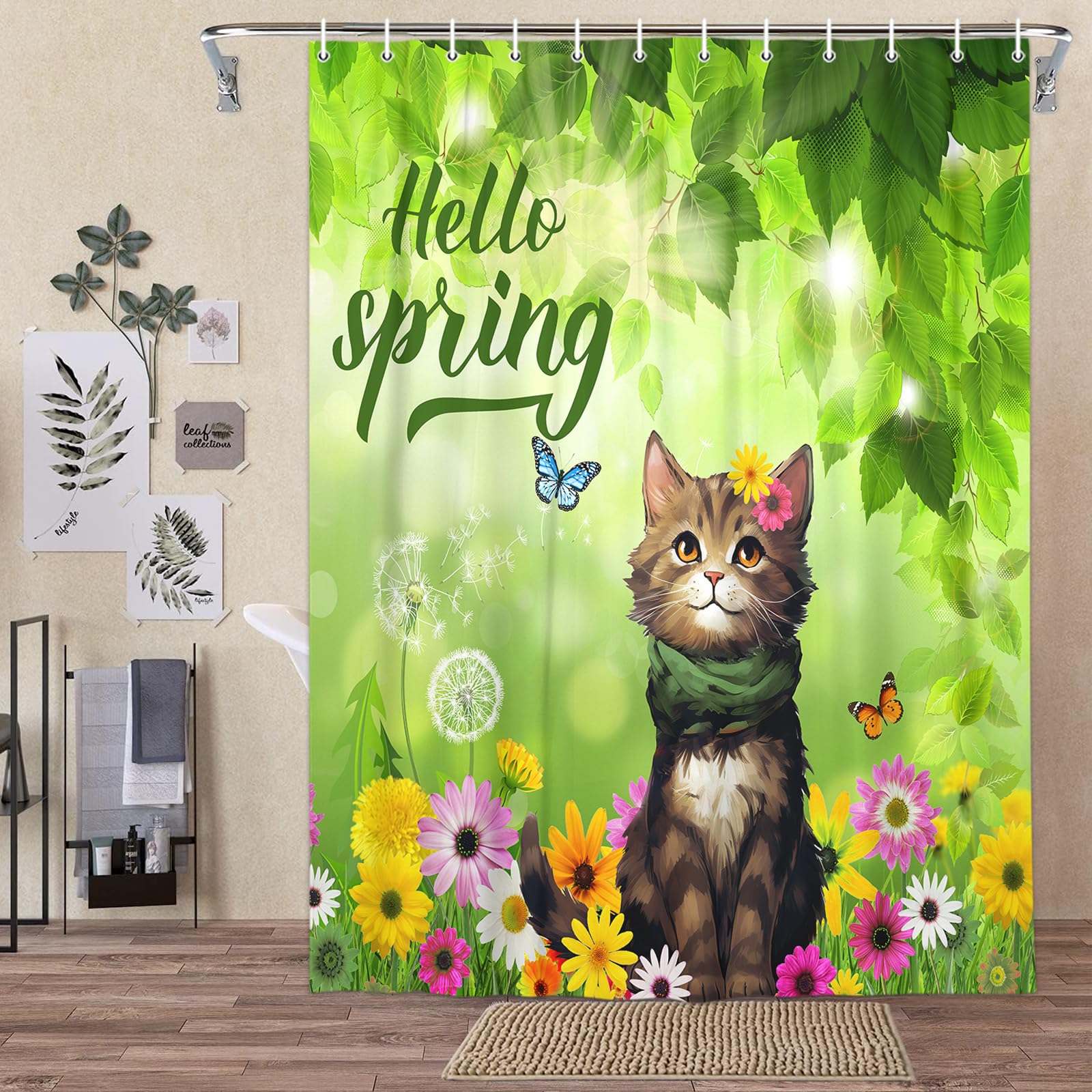 Pinpai Spring Shower Curtain for Bathroom, Hellow Spring Cat Butterfly Floral Shower Curtain Set, Green Leaves Easter Fabric Shower Curtain Restroom