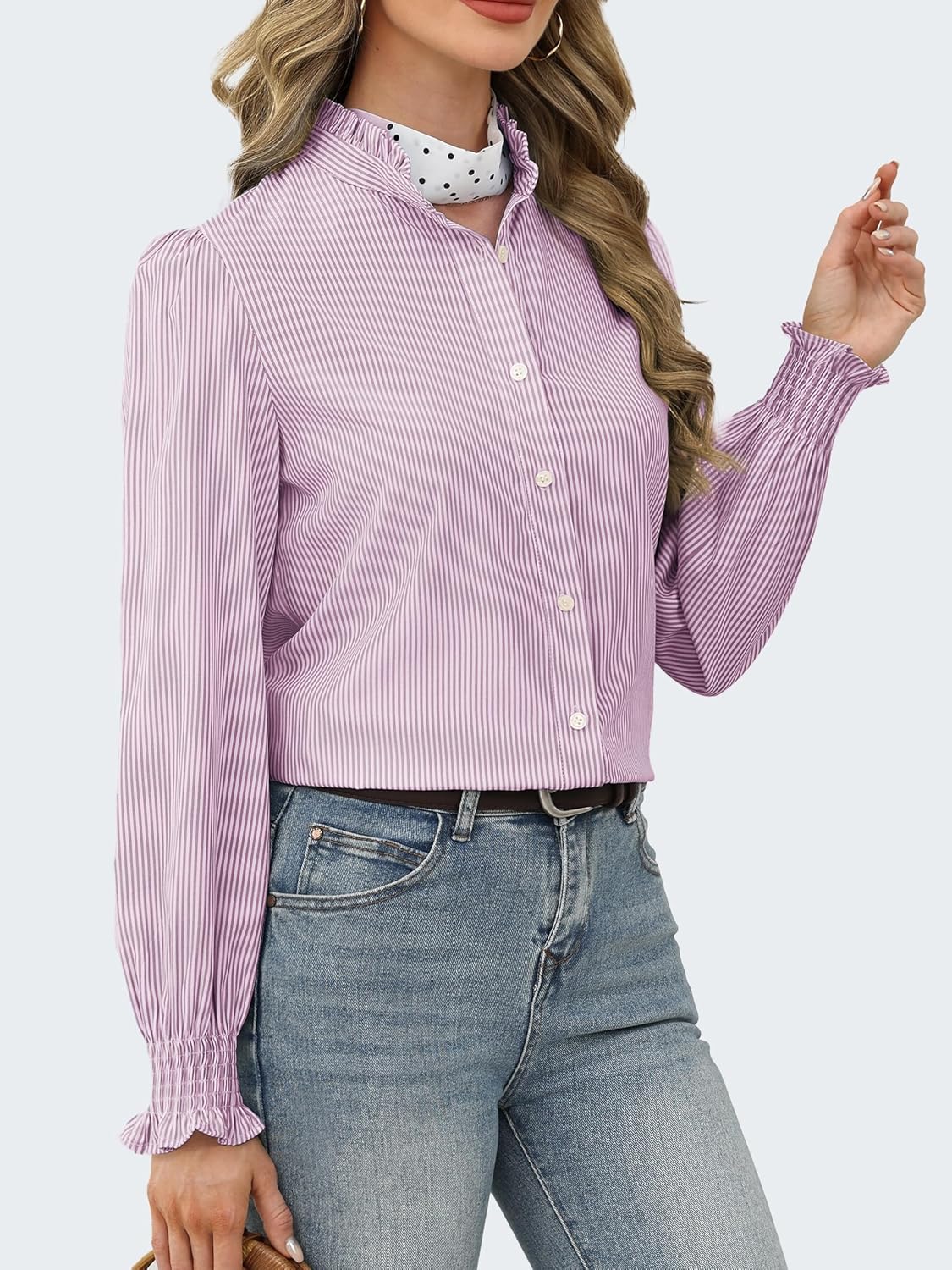 Funlingo Women's Striped Button Down Shirts Long Sleeve Smocked Cuffed Ruffle Collar Blouses Spring Work Business Casual Tops - Image 3