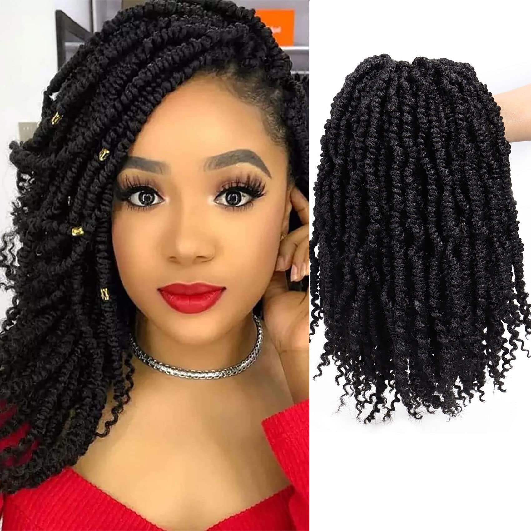 Liyate Bomb Twist Crochet Hair 6 Packs Spring Twist Braiding Hair Pretwisted Passion Twist Crochet Braids Passion Twist Mini Twist Hair with Curly End(12Inch,1B)