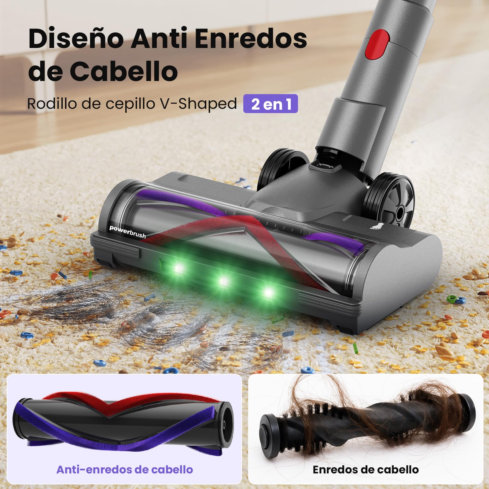 Aspiradora Sin Cable 58000Pa/600W/75Min, Escoba Aspiradora sin Cable Potente con Brazo Flexible, Manguera Extensible de 1m, Srotolatore di Peli di Animali, para Suelo/Alfombra/Pelo de Animal