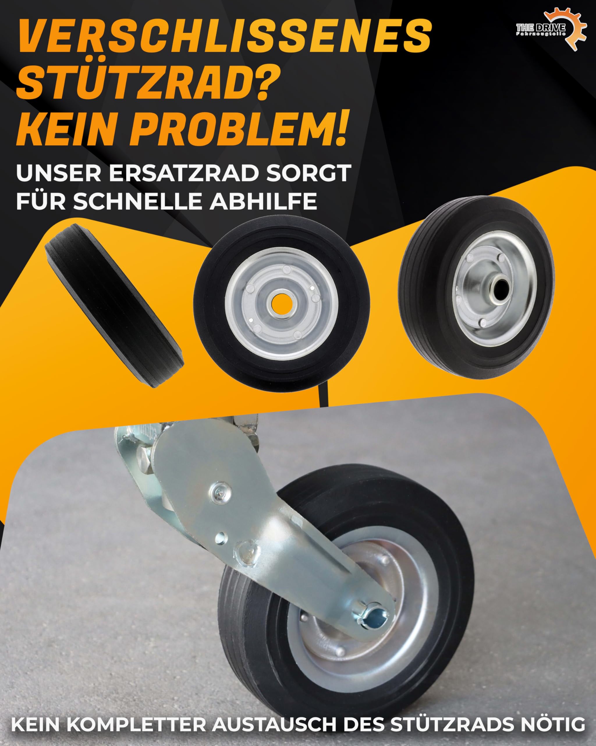 Ersatzrad 200x60 mm für PKW Anhänger-Stützrad | 400 kg Traglast | Ø 20mm Achsdurchmesser | Vollgummi mit Stahlfelge