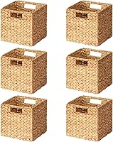 SpaceAid 6-Pack Water Hyacinth Wicker Storage Baskets with Handles - 10.5x10.5x10.5 Inch Natural Cube Organizers for Shelves