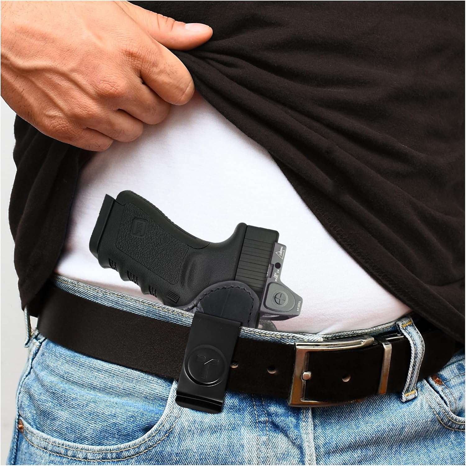 4 in 1 Multi Position IWB/OWB Leather Holster Optic Ready. Fits for Most 9mm .40 .45 Glock 19 Sig Sauer P320 X Compact. Leather Gun Holster for Pistols