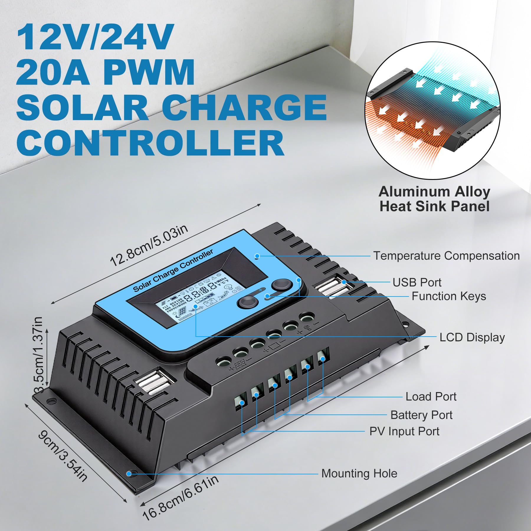 20A Solar Laderegler Mit Bluetooth, PWM 20A Solarladeregler 12V 24V mit Temperatursensor LCD Anzeige und 4 USB Ports,Geeignet Lithium, Blei-Säure, Gel-Batterie