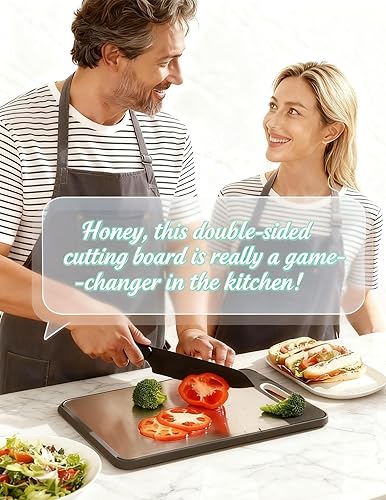 Miniatura 7 de Tabla de cortar de acero inoxidable para cocina, tabla de cortar de metal de doble cara, tabla de cortar no tóxica de gran tamaño con ranura para