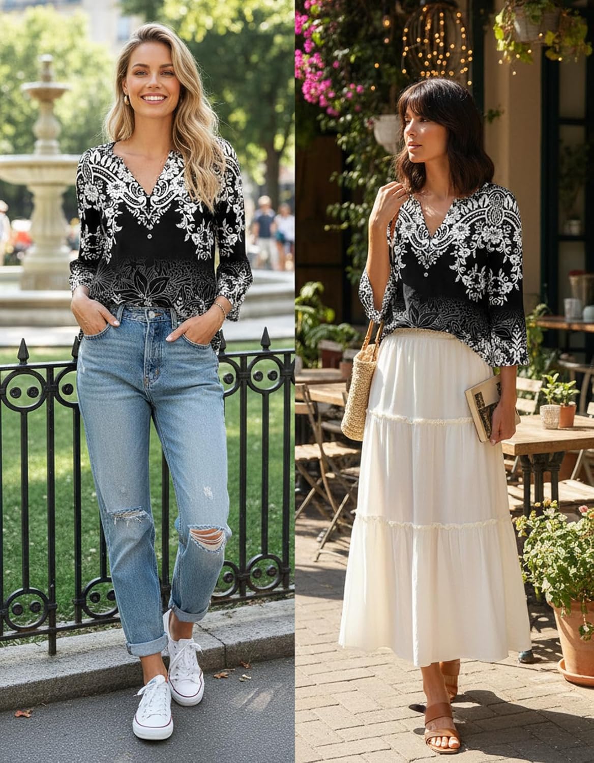 Womens Tops Dressy Casual Pleated Button Neck Summer Blouses 3/4 Flared Sleeve Fall Shirts - Image 4