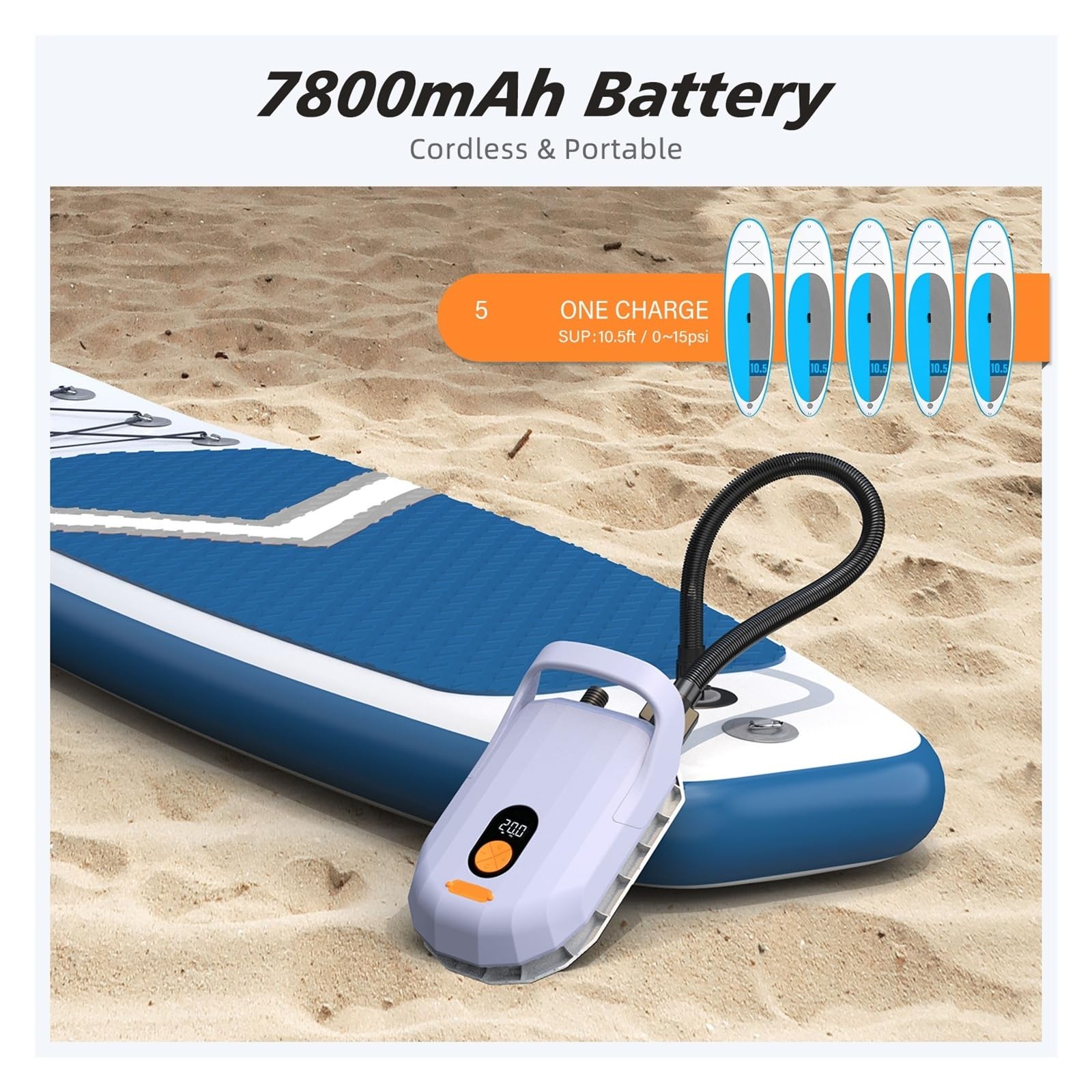 Inflador Electrico, Bomba de aire eléctrica con batería de 7800 mAh, 20 PSI máx., recargable, for conectar al coche.