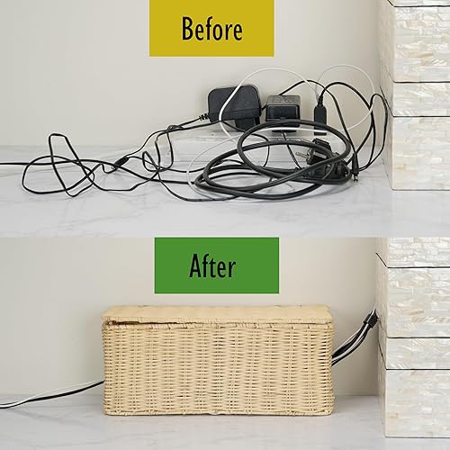 Miniatura 5 de PEMAR Caja de gestión de cables de mimbre de ratán natural, organizador de cables, 2 ranuras abiertas, organizador de cables debajo del escritorio,