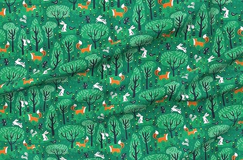 Spoonflower Tela  Zorros Esmeralda Bosque Verde Conejitos Bosque Animales Lindos Niños Zorro Impreso en Petal Signature Tela de Algodón por The Yard