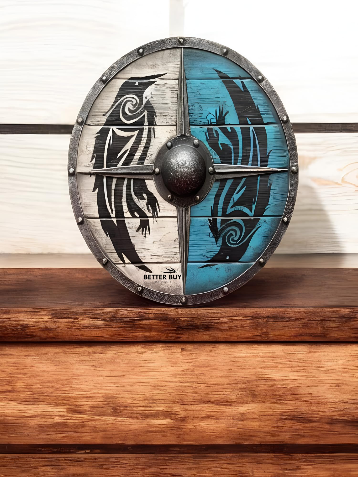 Bouclier viking en bois fait à la main Eivor Valhalla Raven 61 cm