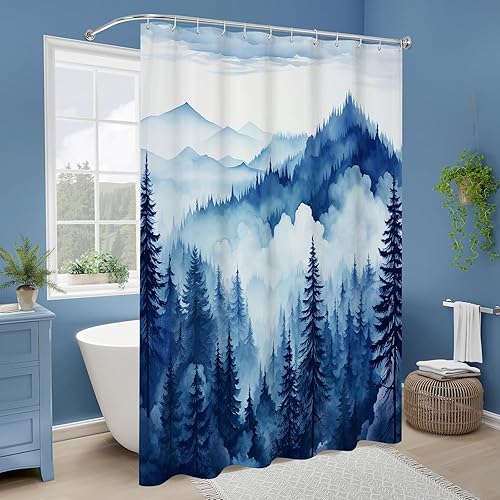 Miniatura 2 de Cortina de ducha azul marino con bosque de pinos brumosos, cortinas de ducha con paisaje de bosque brumoso de montaña, cortinas de ducha para baño