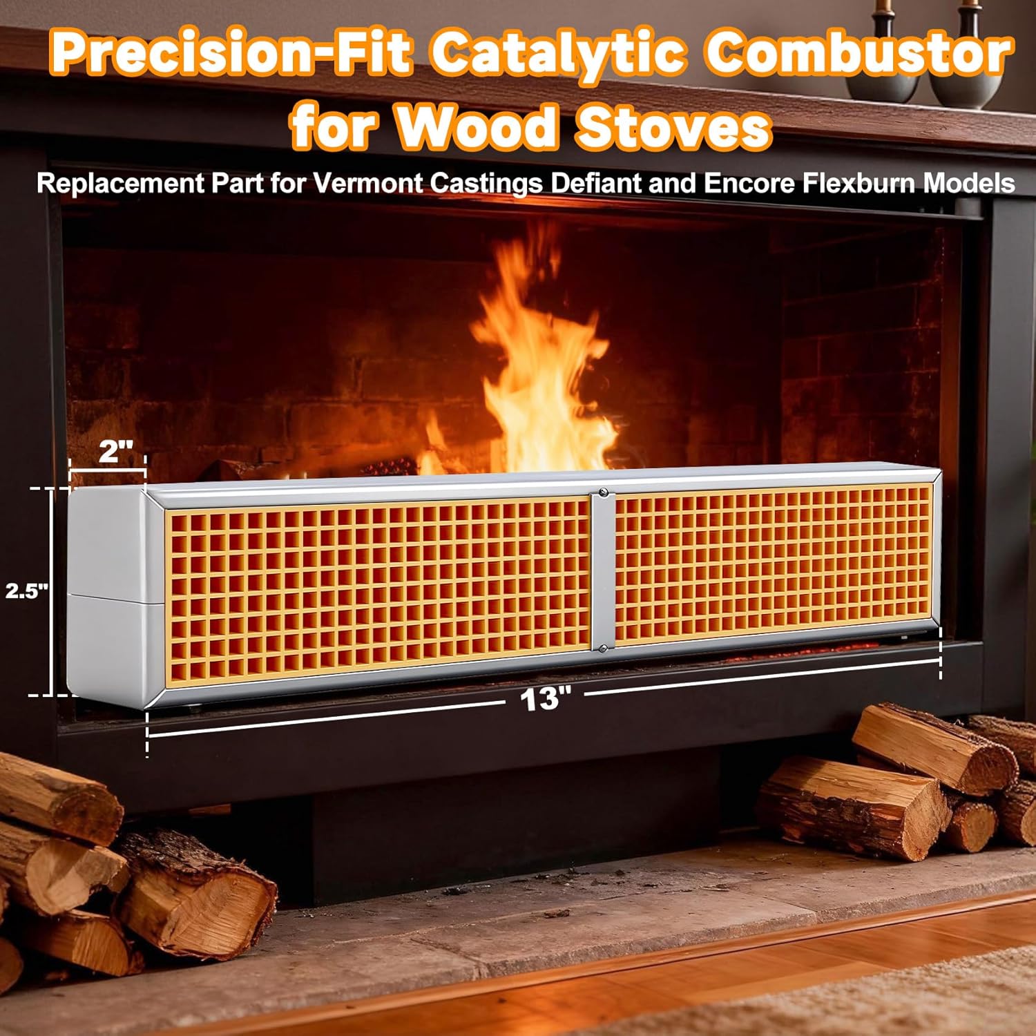 2.5" x 13" x 2" Wood Stove Catalytic Combustor Replacement for Vermont castings Defiant & Encore flexburn | Ceramic Combustor Catalyst | Reduces Emissions 70%, Saves 1/3 Wood