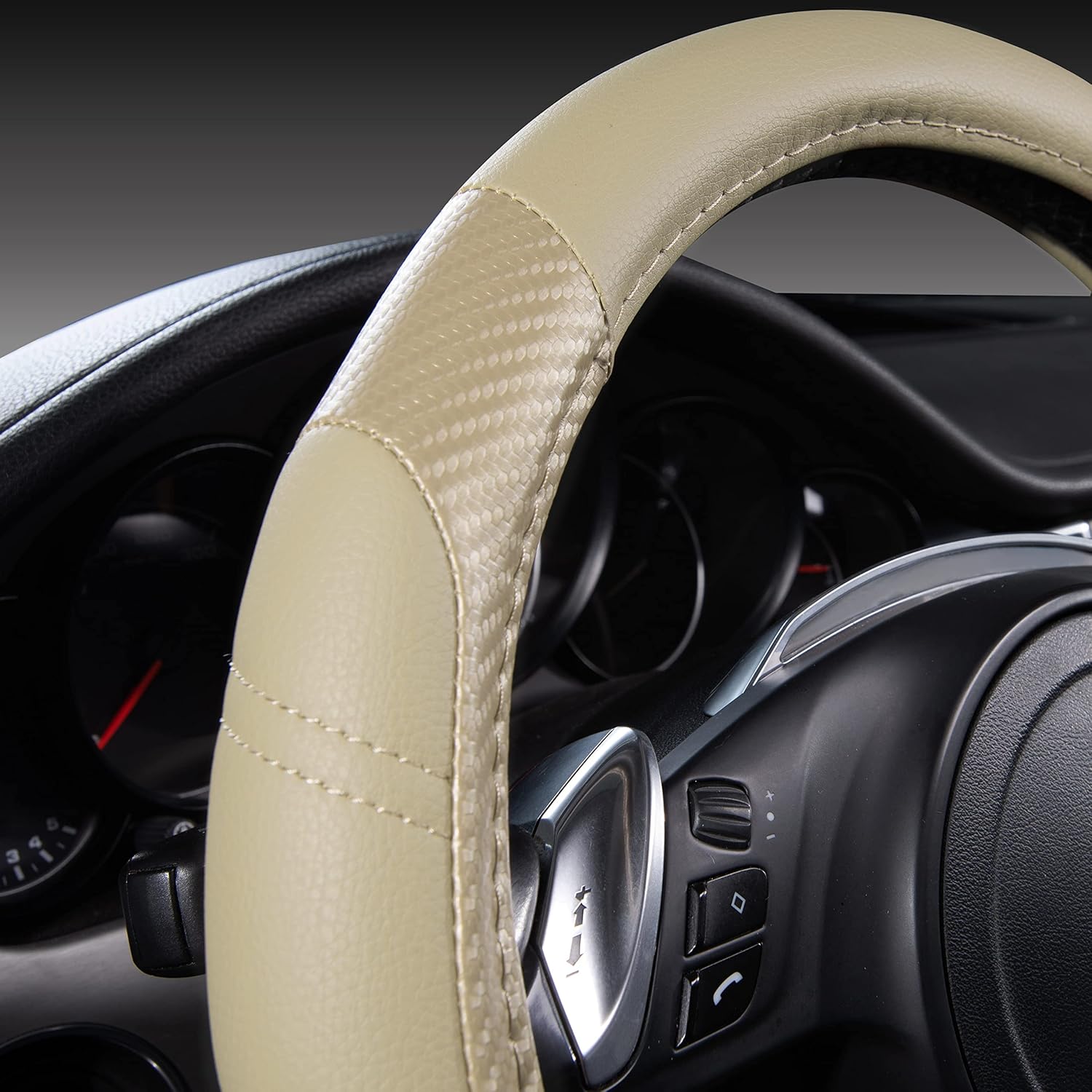CAR PASS Line Rider Microfiber Leather Sporty Steering Wheel Cover Universal Fits for 95% Truck,SUV,Cars, Anti-Slip Safety Comfortable Desgin (Beige-Carbon Fiber) - Image 3