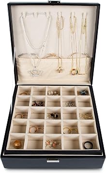 Frebeauty Earring Holder Organiser,50 Slots Earring Organiser,2 Layer Jewellery Box for with 6 Necklace Hooks,PU Jewellery Organiser,Jewellery Box for Women(Black)