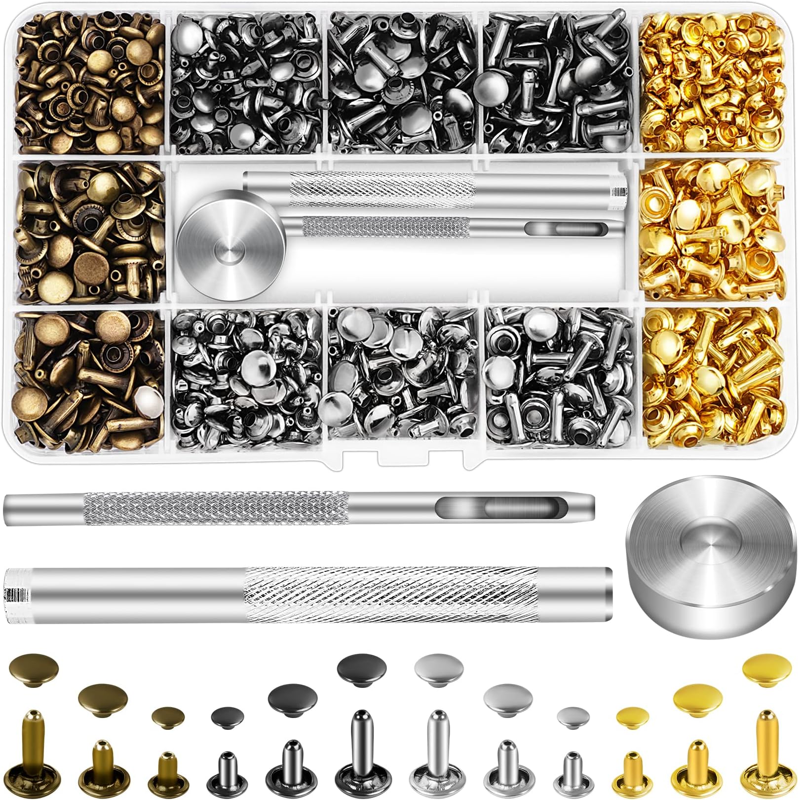 Jetmore 480 Pack Leather Rivets, Brass Rivets for Fabric, Leather Rivet Kit, Double Cap Rivet for DIY Leather Craft, Hats, Purse, Shoes, Bag, Remaches para Cuero