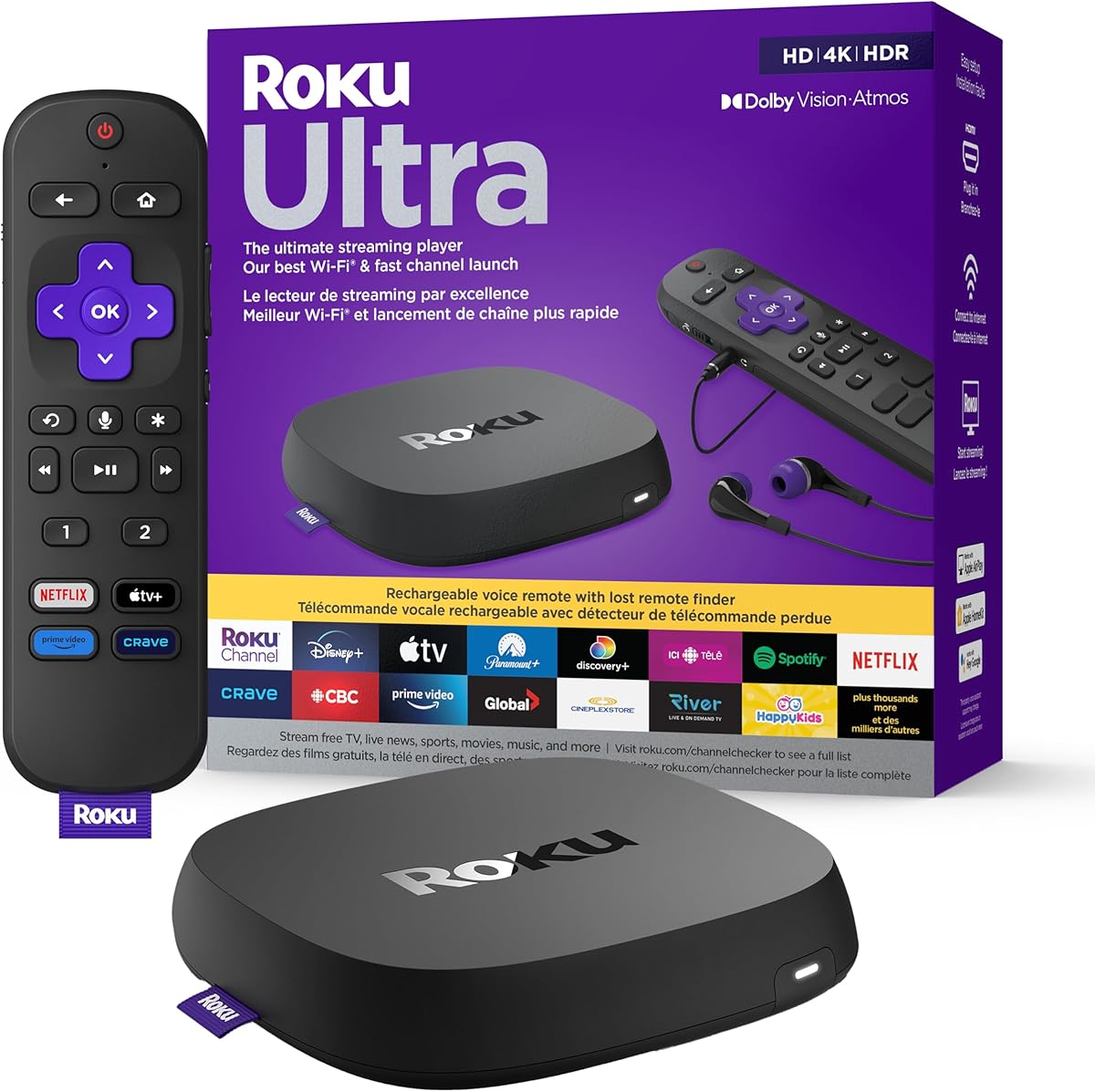 Roku Ultra (4K/HDR/HD) Streaming Player with Enhanced Voice Remote, Ethernet W/Premium 6FT 4K Ready HDMI Cable & 64GB MicroSD for Faster Channel Loading (US Version), Black (4802CA) : Electronics