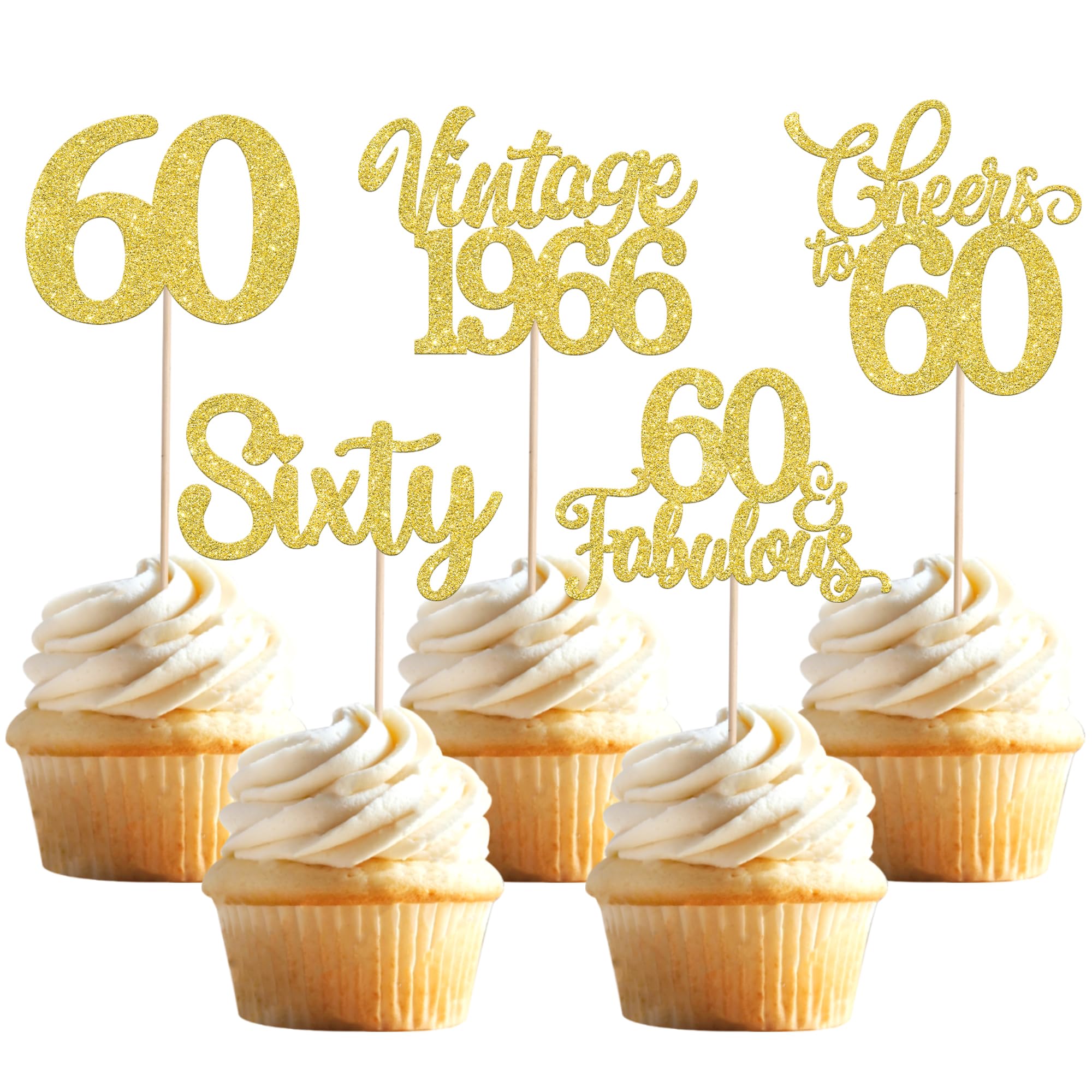 SYKYCTCY 30 Pack 60th Birthday Cupcake Toppers Glitter Sixty Vintage 1966 Hello 60 Cupcake Picks Cheers to 60 Fabulous Cake Decorations for 60th Birthday Wedding Anniversary Party Supplies