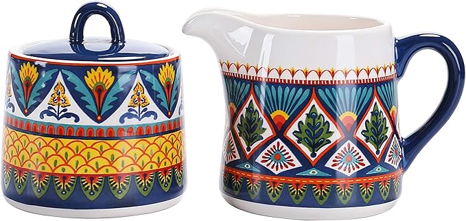 Ceramic Sugar and Creamer Set, Sugar Bowl with Lid, Cute Container for Coffee Bar, Kitchen Countertop Accessories, Microwave and Dishwasher Safe