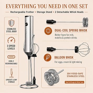 Handheld Milk Frother Wand Rechargeable with Stand - Stainless Steel Double Whisk Milk Frother Handheld -Coffee Stirrers Electric Drink Mixer - Coffee Frother (Silver)