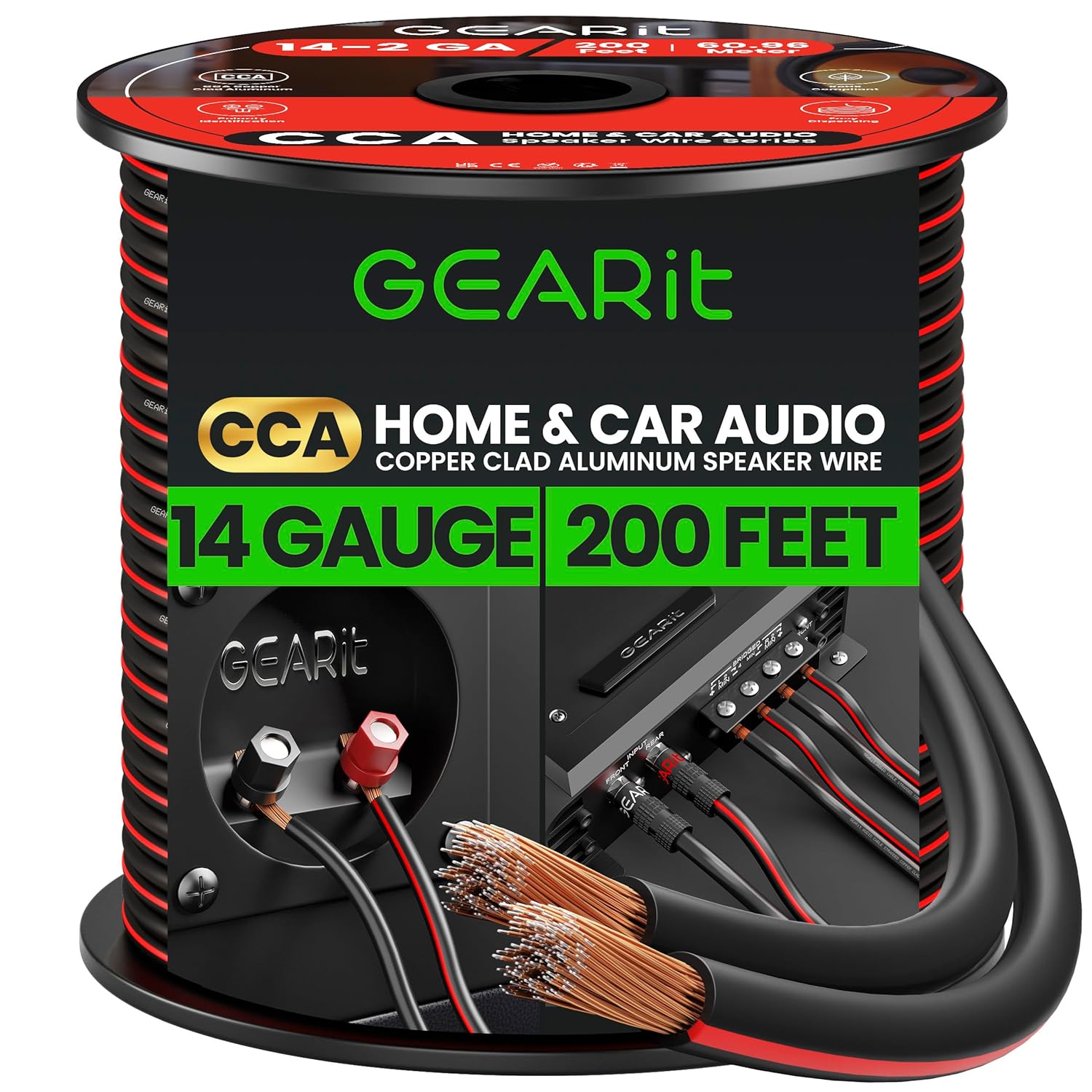 14AWG Speaker Wire, GearIT Pro Series 14 AWG Gauge Speaker Wire Cable (200 Feet / 60.9 Meters) Great Use for Home Theater Speakers and Car Speakers Black 14AWG Speaker Wire, GearIT Pro Series 14 AWG Gauge Speaker Wire Cable (200 Feet / 60.9 Meters) Great Use for Home Theater Speakers and Car Speakers Black