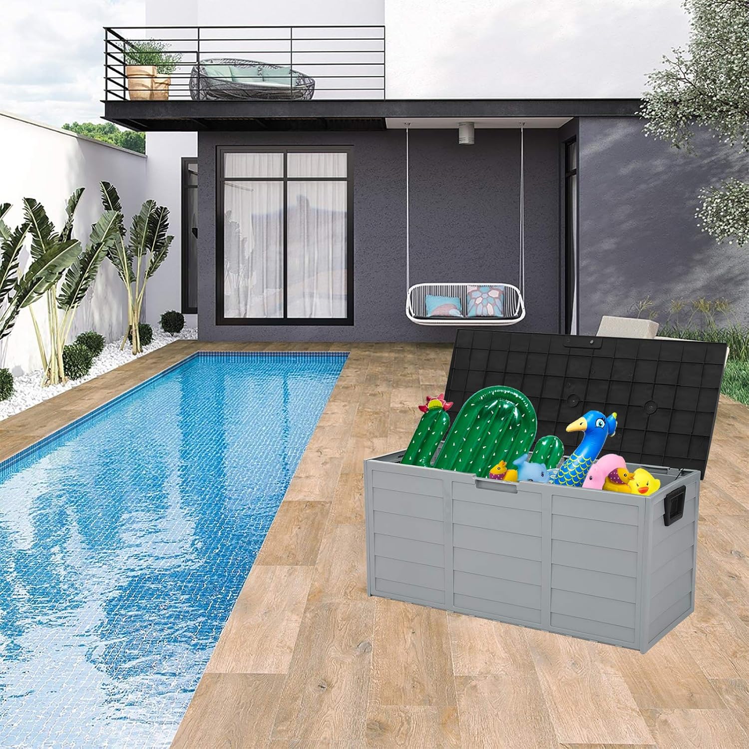 75 Gallon Resin Deck Storage Box, Outdoor Garden Deck Box With Lockable Lid And Portable Drum, Suitable For Terraces, Swimming Pools, Gardens, Garages (Gray)