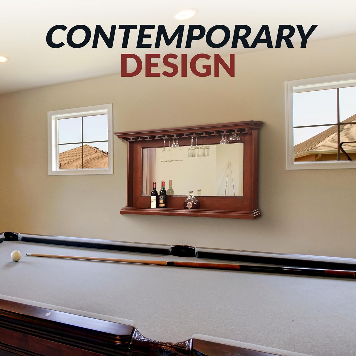 Hathaway Seville Back Bar Mirror - 62" x 35.5" Beveled Wall Mirror with Shelf & Built-In Stemware Holder, Wood Frame in Walnut Finish – Elegant Wall-Mounted Design for Bars and Dining Rooms