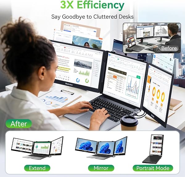 Blackview Laptop Screen Extender, 14" 1080P FHD IPS Triple Portable Monitor, Ultra-Slim Travel Dual Monitor Fit for 13"-17.3" Laptops, USB-C Plug&Play Extended Screen for Windows/Mac/Android/Switch - 3