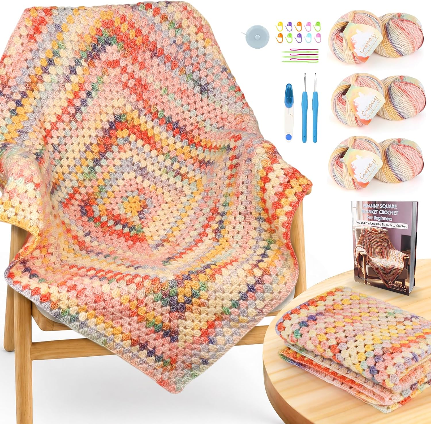  Crochet Kit for Beginners, Variegated Granny Square Blanket Kit