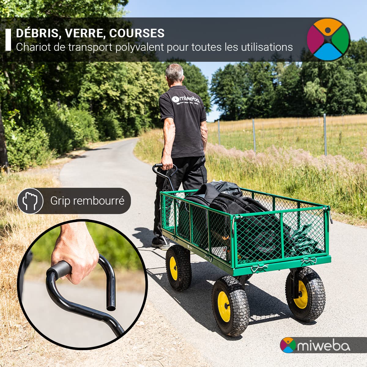 Miweba Chariot d’extérieur MB-700 - Bâche - Parois Pliables - Capacité de Charge 700 kg - Pneus pneumatiques - Chariot Pliable - Chariot de Jardin - Chariot de Transport - Brouette