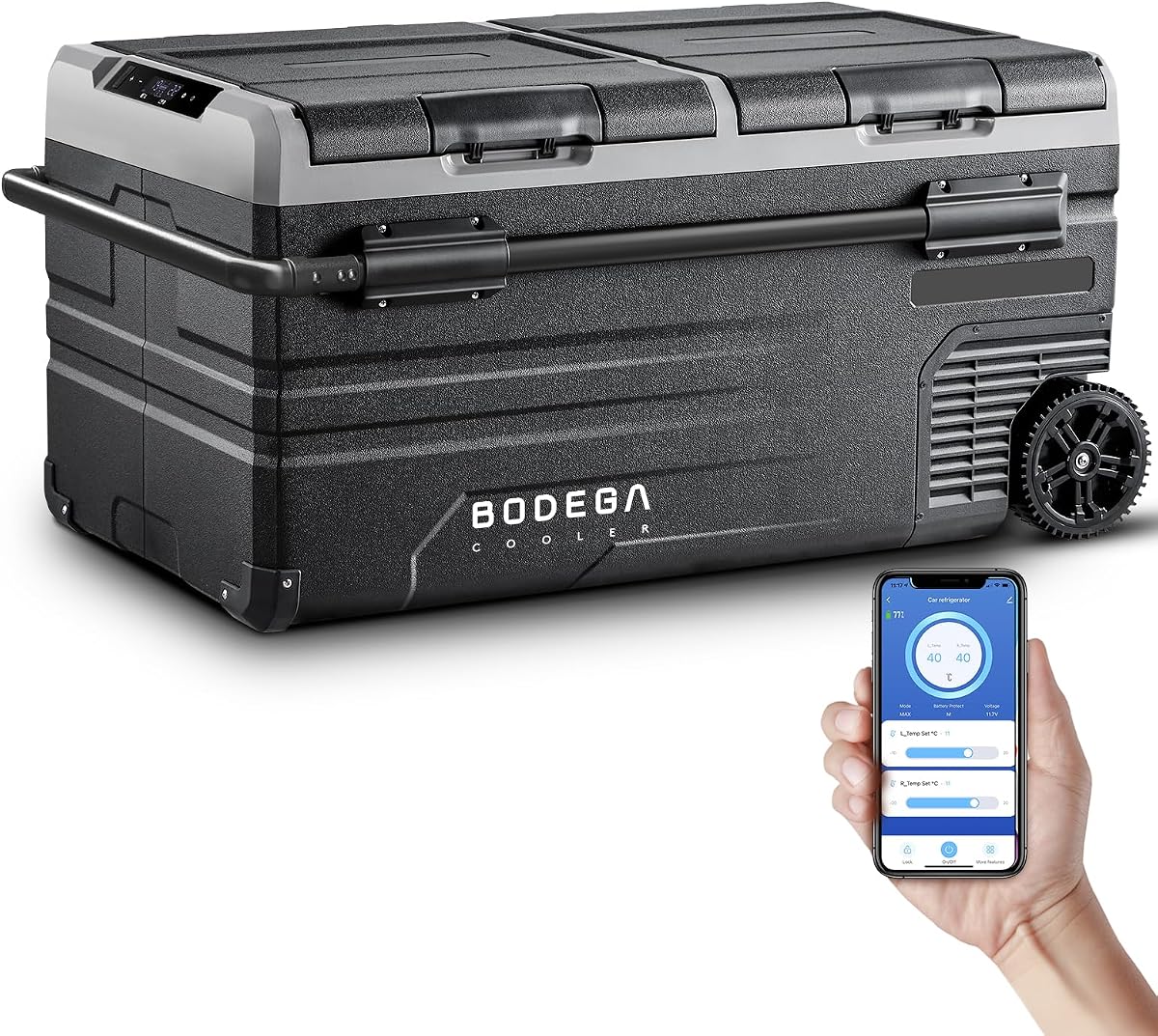BODEGACOOLER Refrigerador para automóvil de 12 voltios, congelador portátil de 100 cuartos, refrigerador para automóvil, control de aplicación WIFI de zona dual, enfriador de -4 ℉ -68 ℉, 12/24 V CC y 100-240 V CA, para viajes, camping, al aire libre, RV, negro