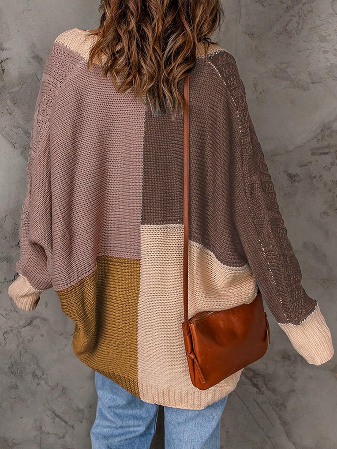 Color Block Batwing Sleeve Duster Cardigan - Casual Loose Knitted Fabric (Color : Brown, Size : Medium)