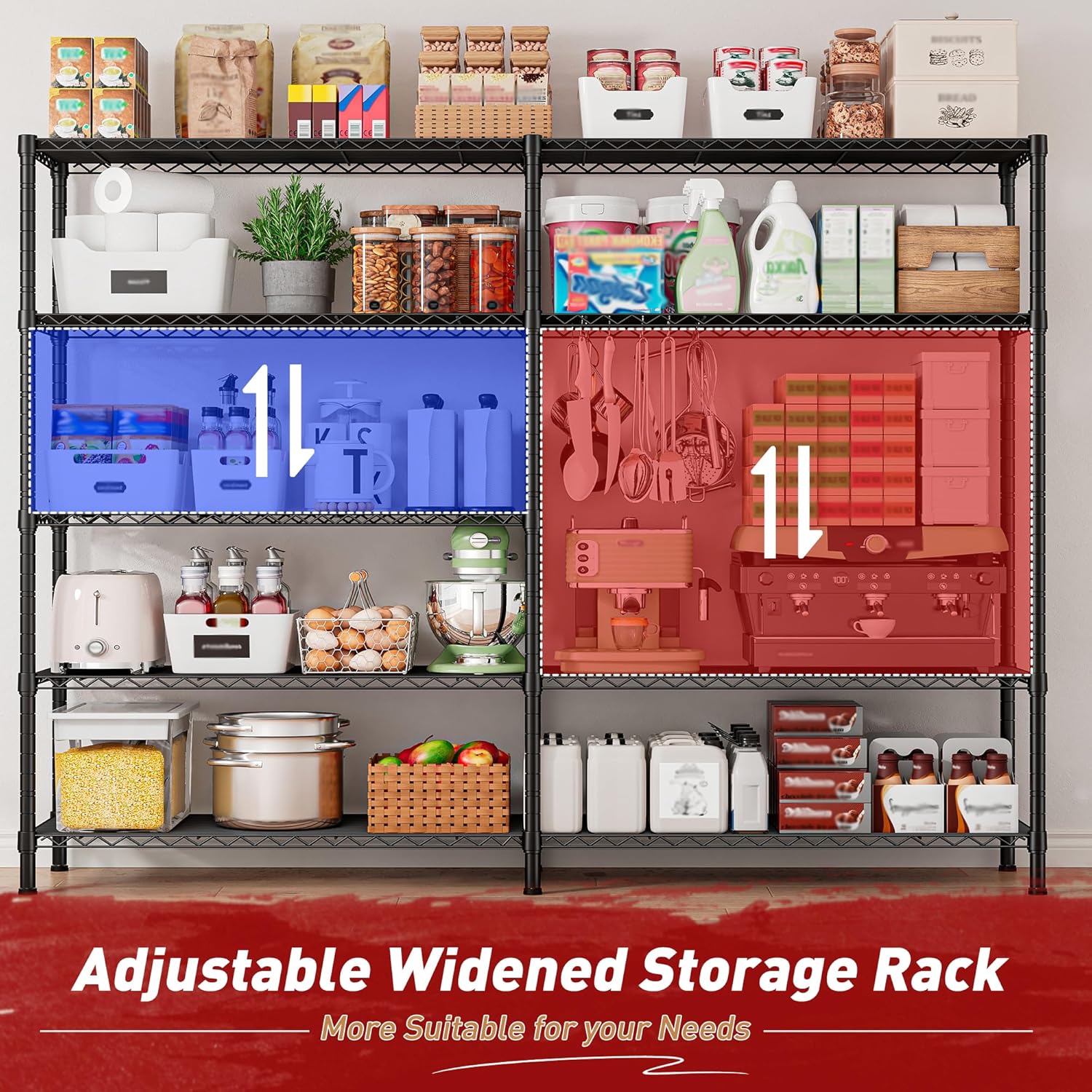 REIBII 1450LBS Shelves 5 Tier Metal Shelving Unit Storage Wire Shelving 58.1''W Pantry Shelves Wire Shelf Adjustable Garage Shelving Heavy Duty Storage Rack for Pantry Kitchen Garage, Black